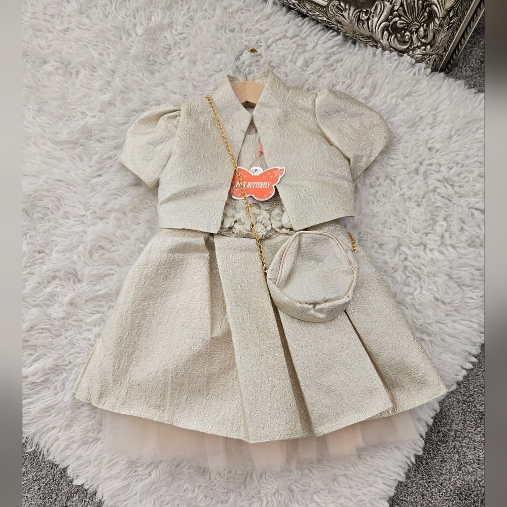 Pink Butterfly Charming Elegant Ivory Dress Set. Size 2T. New.